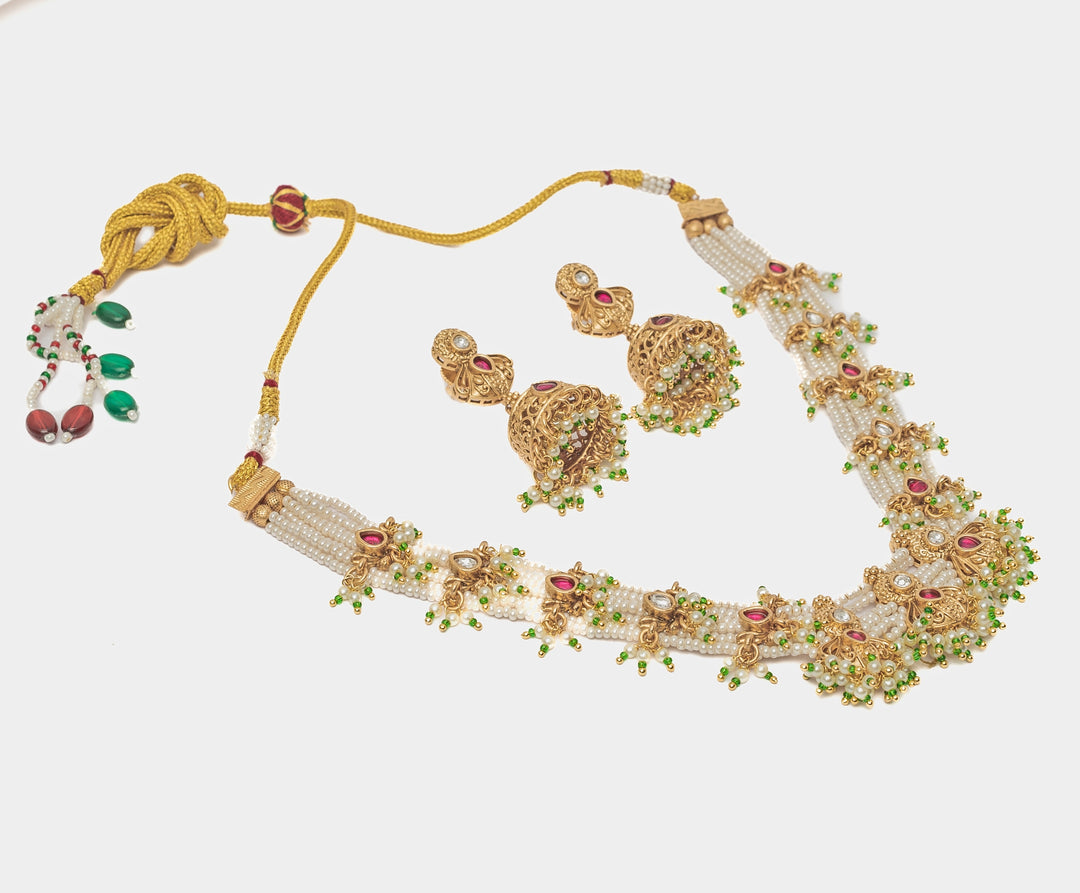 Gold Plated White And Multi Stone Choker Necklace Set With Jhumkas