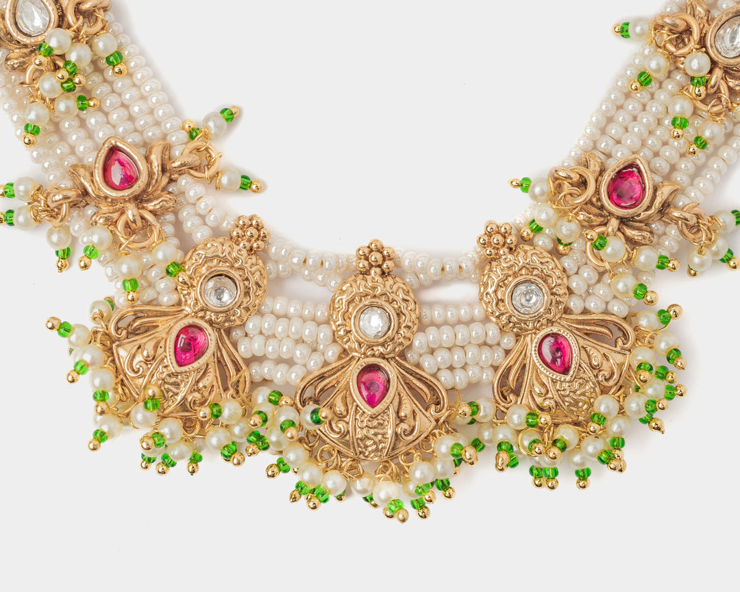 Gold Plated White And Multi Stone Choker Necklace Set With Jhumkas