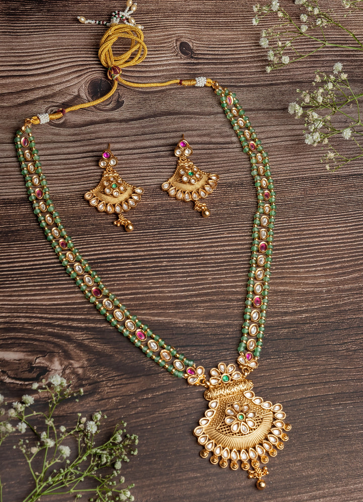 Gold Plated Green Stone Long Necklace Set