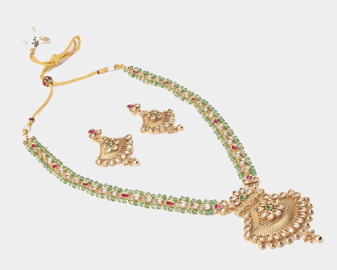 Gold Plated Green Stone Long Necklace Set