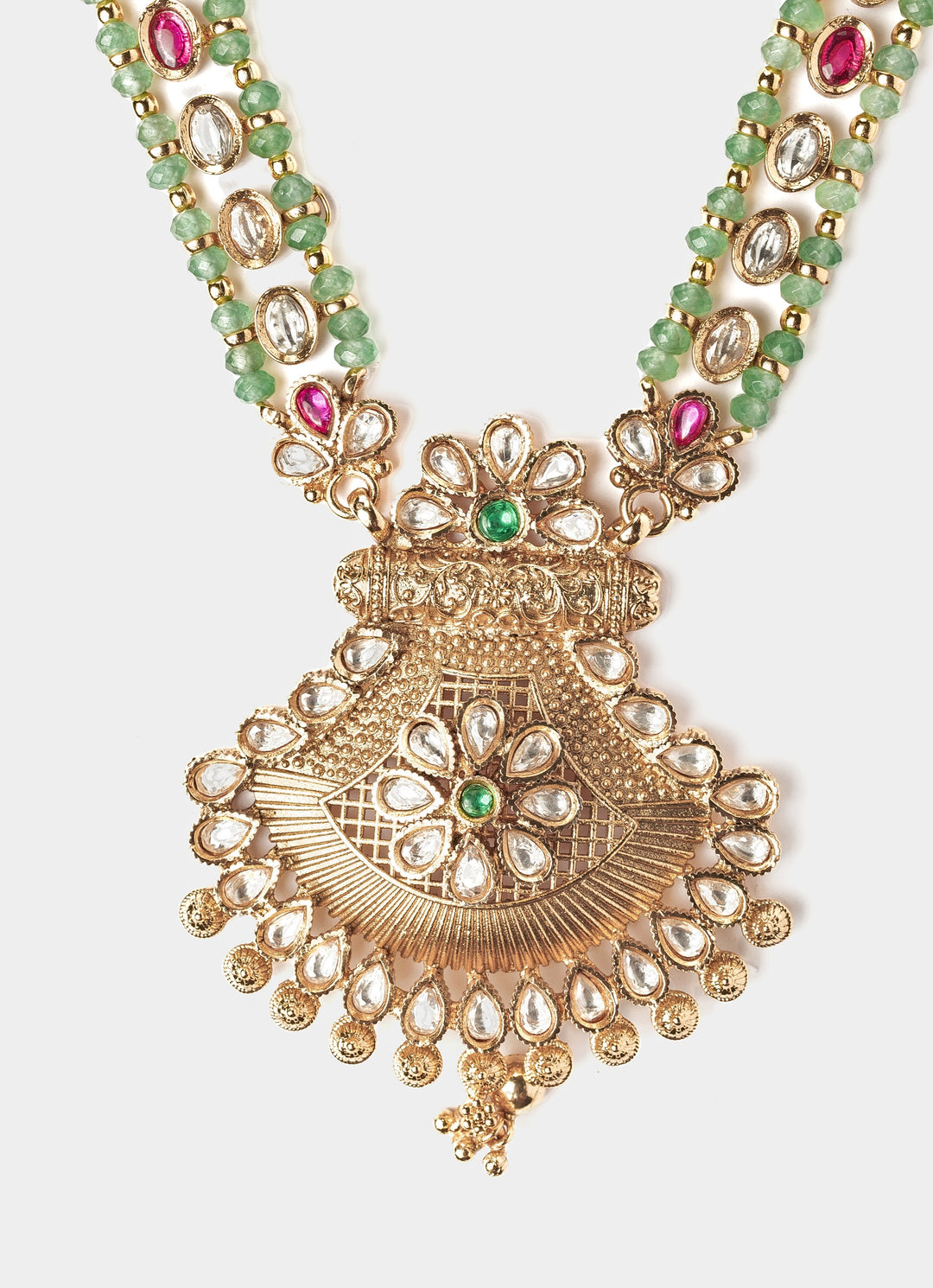 Gold Plated Green Stone Long Necklace Set
