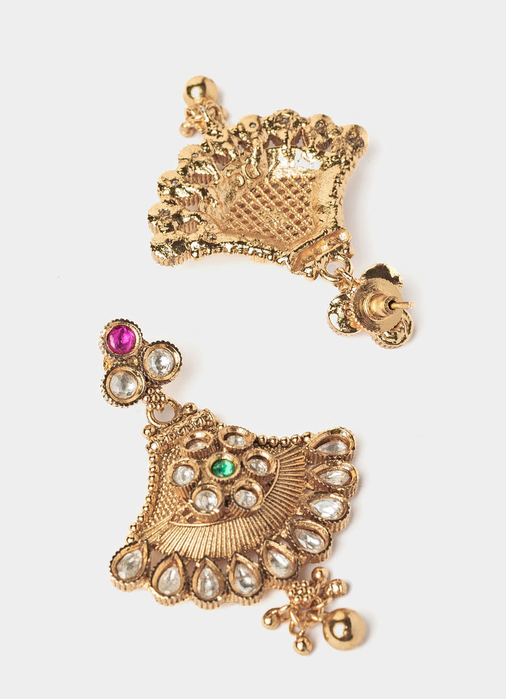 Gold Plated Green Stone Long Necklace Set