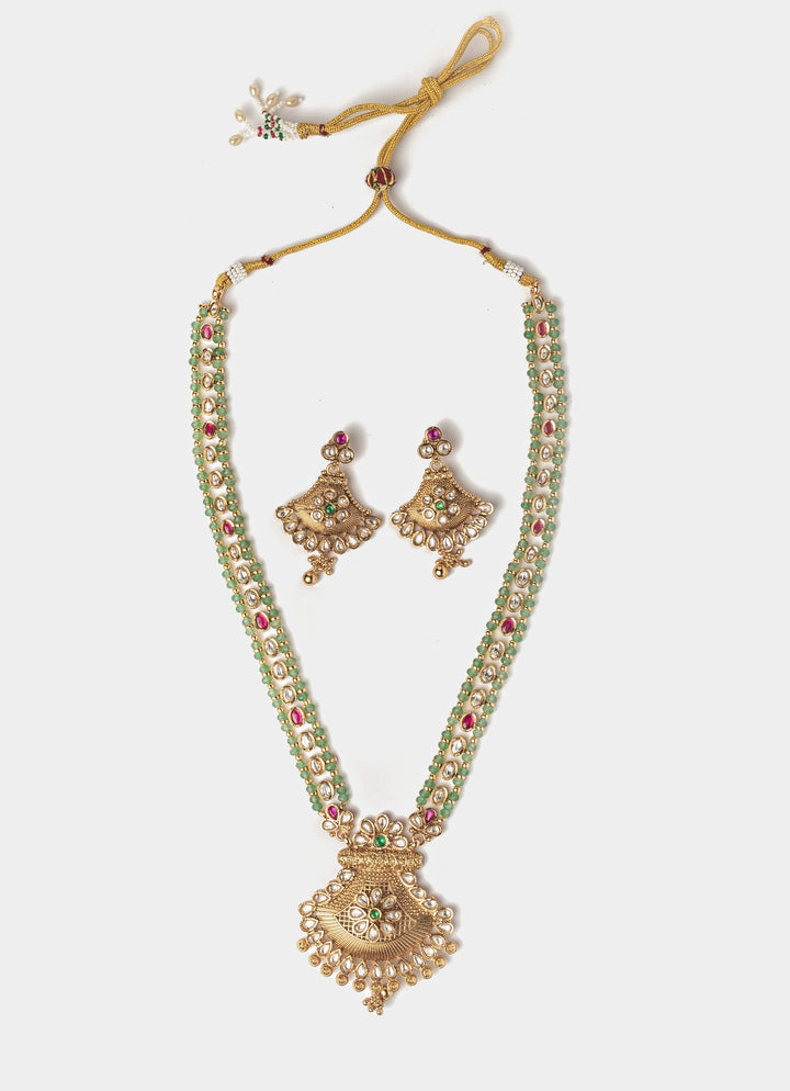 Gold Plated Green Stone Long Necklace Set