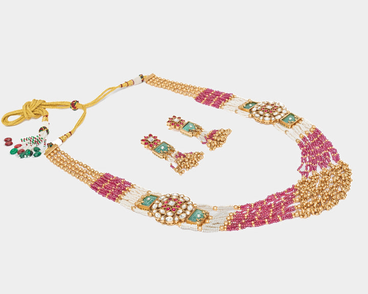 Gold Plated Multi Beaded Long Necklace Set