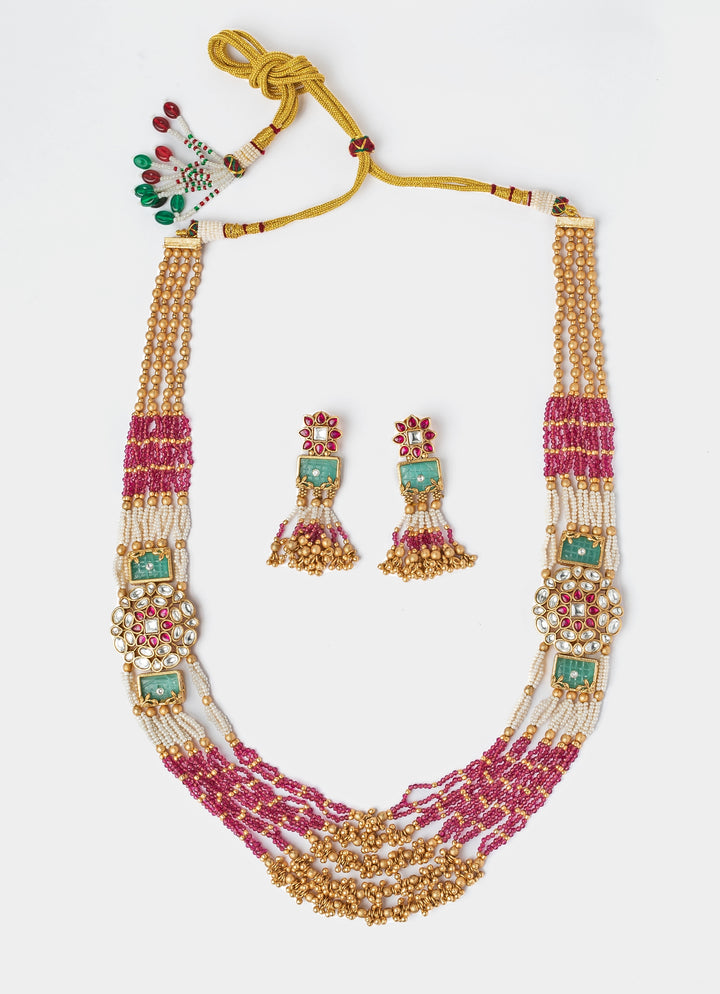 Gold Plated Multi Beaded Long Necklace Set
