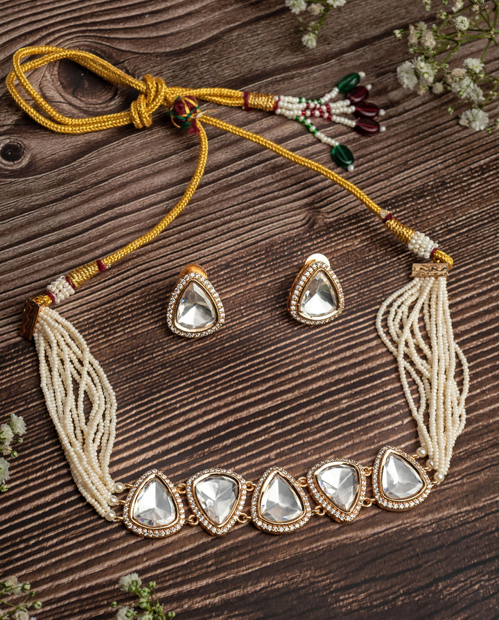 Gold Plated White Kundan And Polki Choker Necklace Set