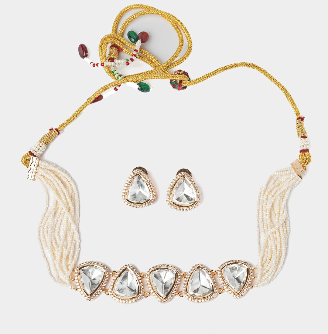 Gold Plated White Kundan And Polki Choker Necklace Set