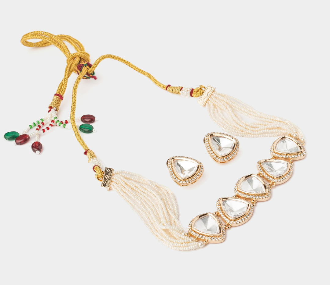 Gold Plated White Kundan And Polki Choker Necklace Set