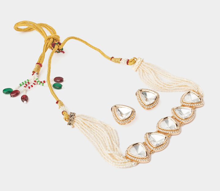 Gold Plated White Kundan And Polki Choker Necklace Set