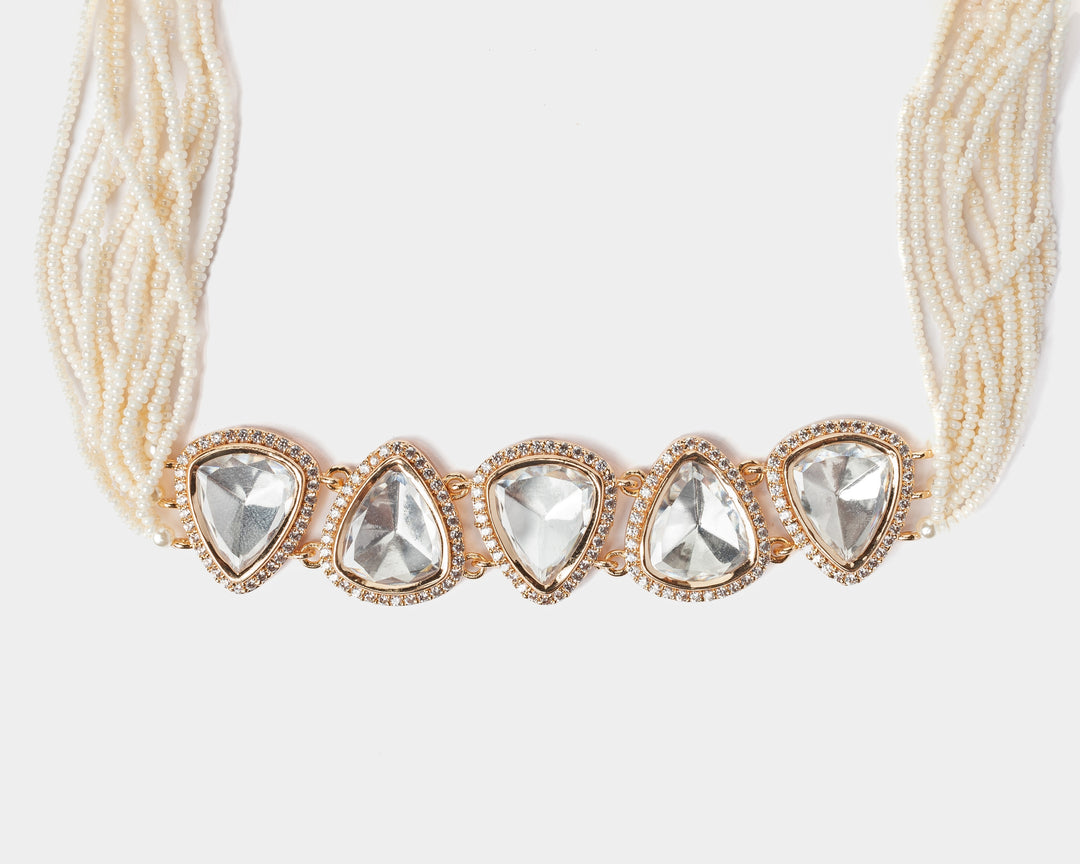 Gold Plated White Kundan And Polki Choker Necklace Set
