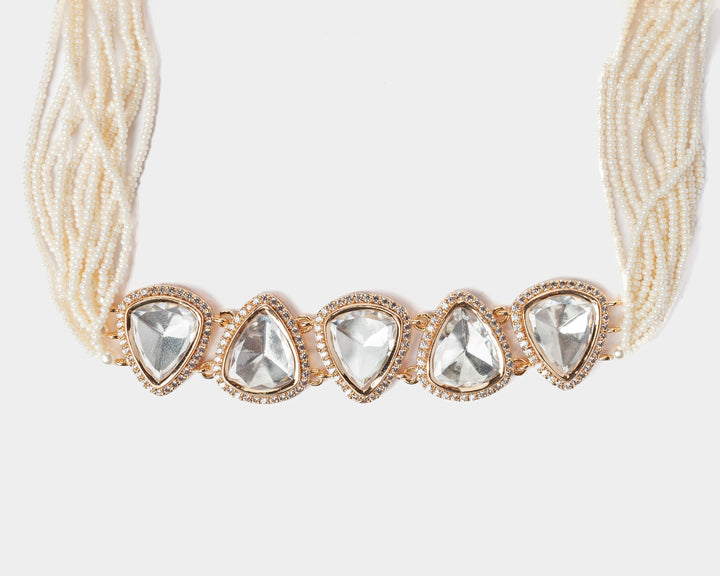 Gold Plated White Kundan And Polki Choker Necklace Set