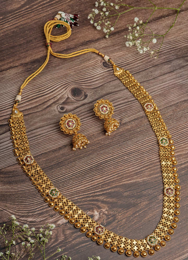 Gold Plated Long Necklace Set With Floral Drop Earrings