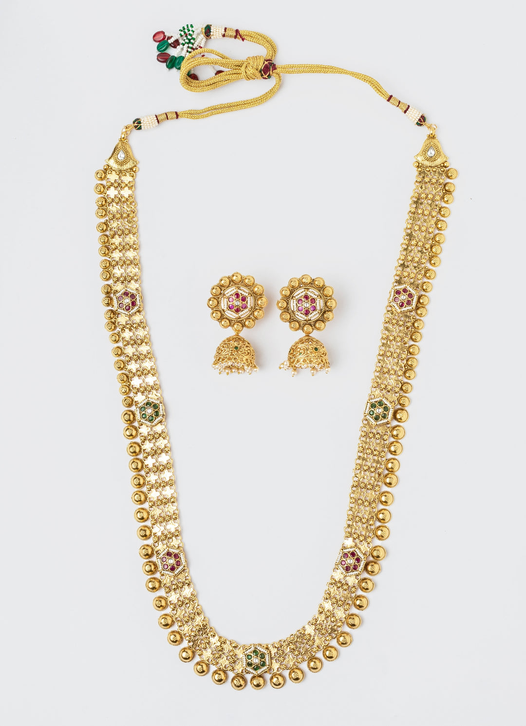 Gold Plated Long Necklace Set With Floral Drop Earrings