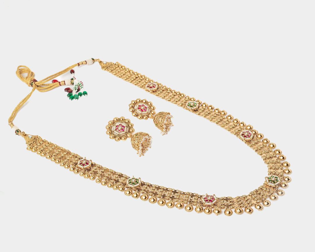 Gold Plated Long Necklace Set With Floral Drop Earrings