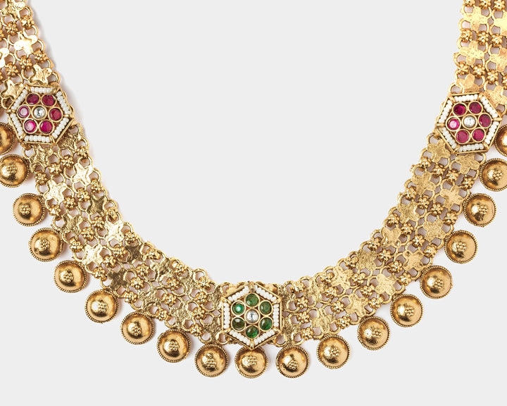 Gold Plated Long Necklace Set With Floral Drop Earrings