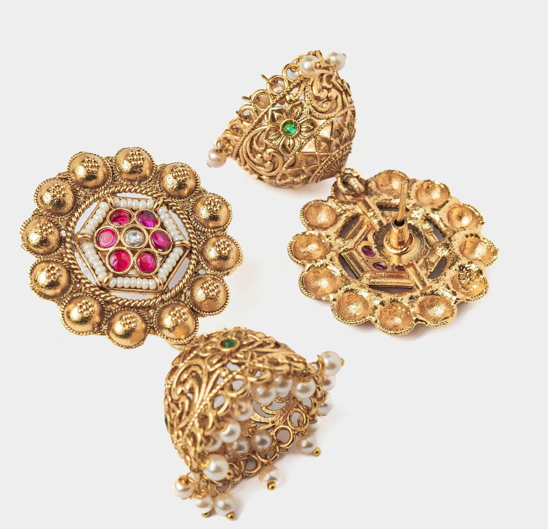 Gold Plated Long Necklace Set With Floral Drop Earrings