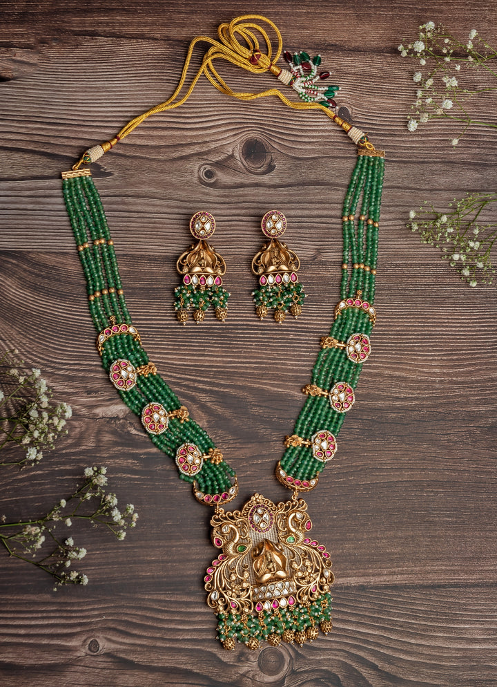 Gold Plated Green Long Necklace Set