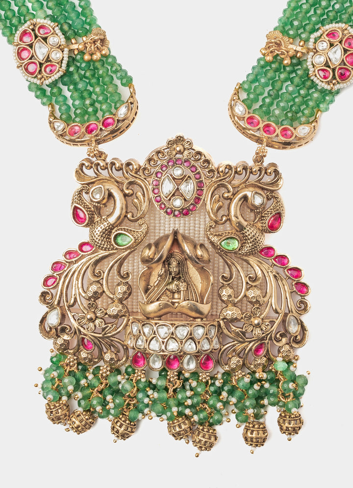 Gold Plated Green Long Necklace Set