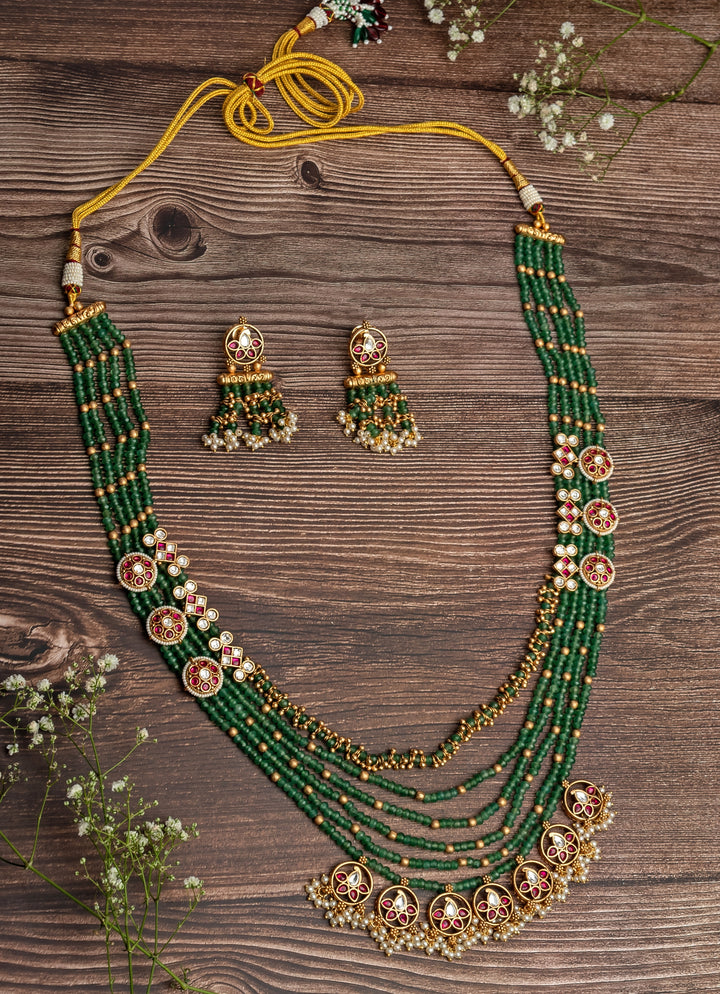 Gold Plated Green Beaded Long Necklace Set
