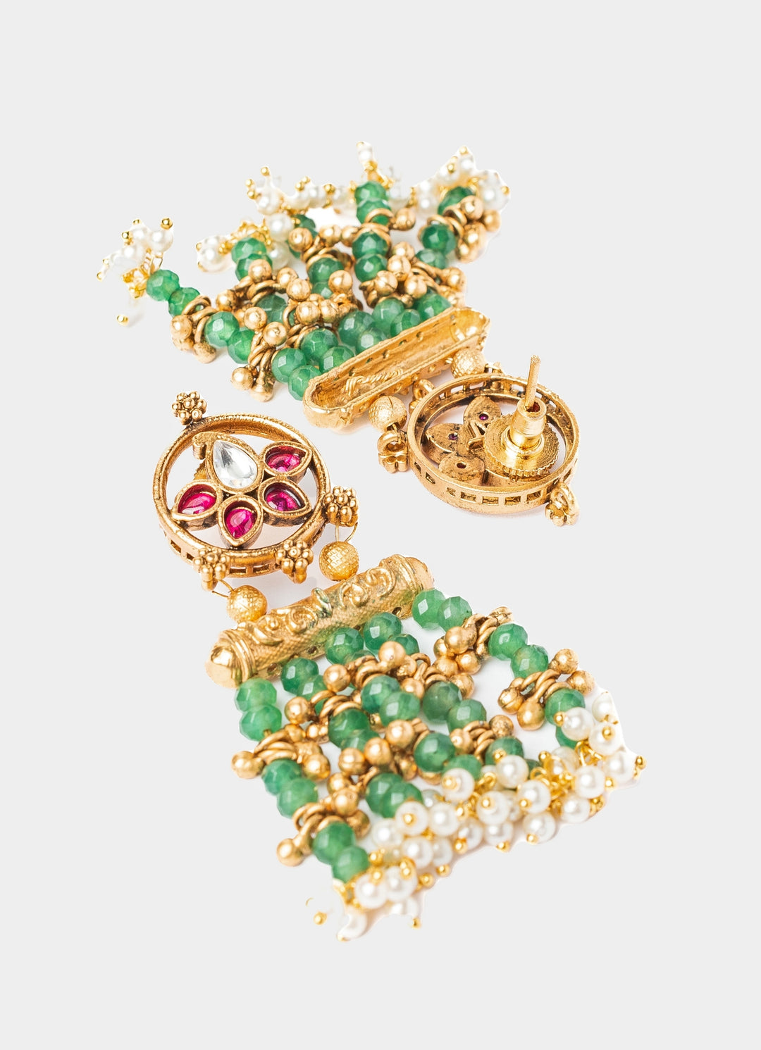 Gold Plated Green Beaded Long Necklace Set