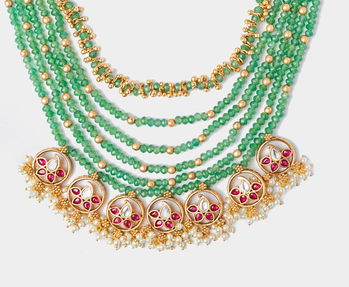 Gold Plated Green Beaded Long Necklace Set