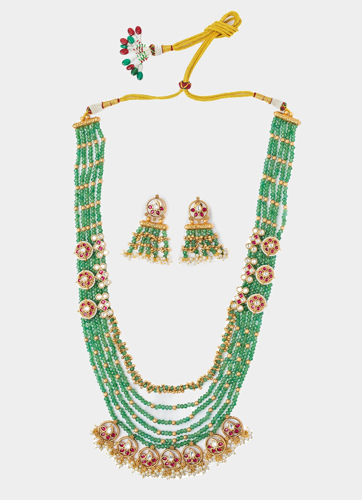 Gold Plated Green Beaded Long Necklace Set