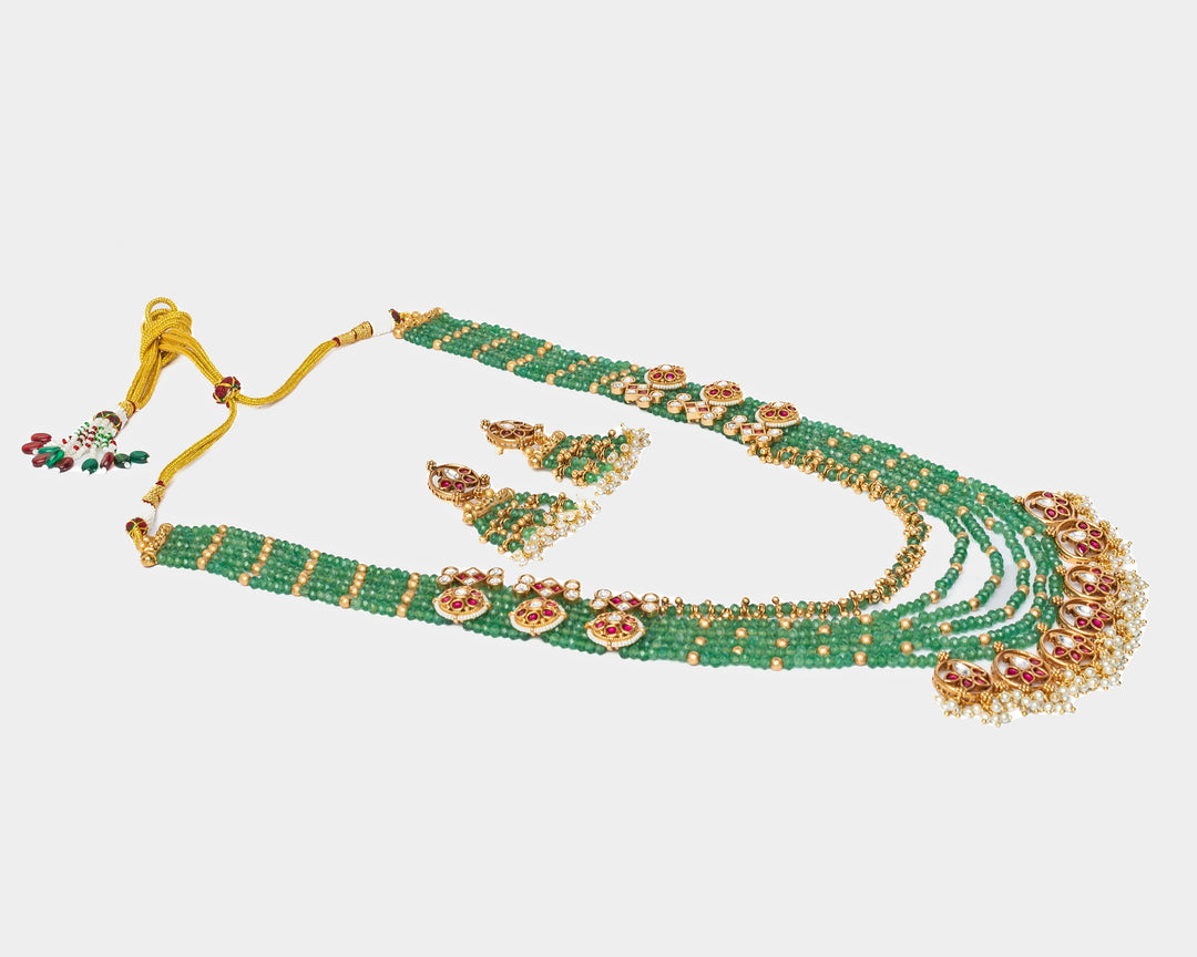 Gold Plated Green Beaded Long Necklace Set