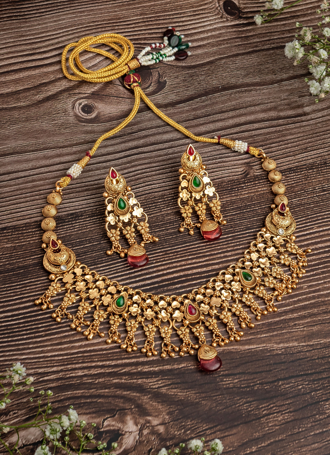 Gold Plated Multi Beaded Short Necklace Set