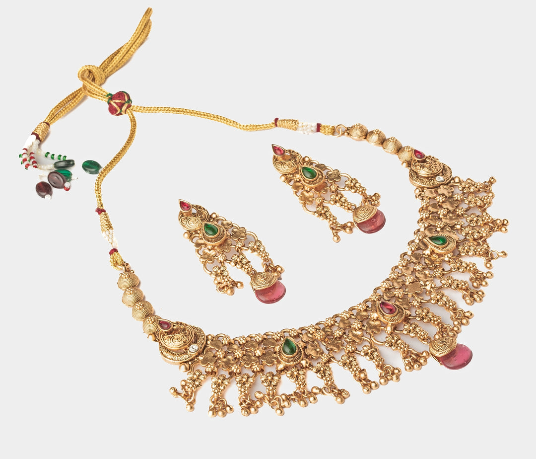 Gold Plated Multi Beaded Short Necklace Set