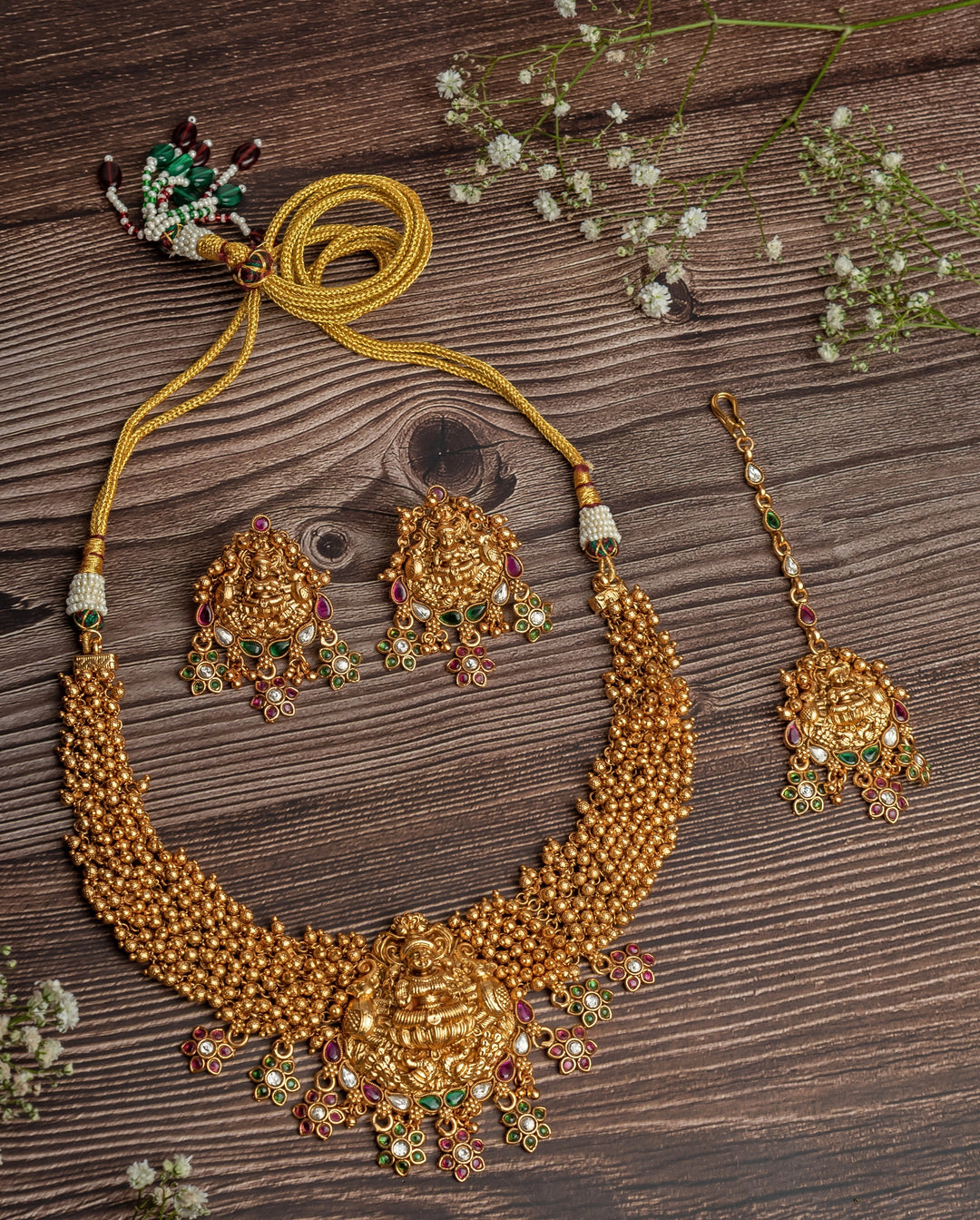 Gold Plated Temple Choker Necklace Set With Maang Tikka