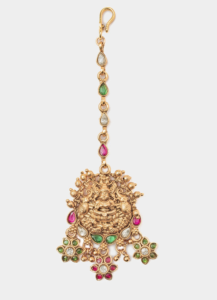 Gold Plated Temple Choker Necklace Set With Maang Tikka