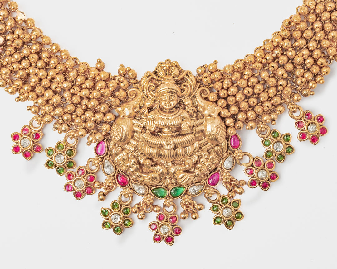 Gold Plated Temple Choker Necklace Set With Maang Tikka