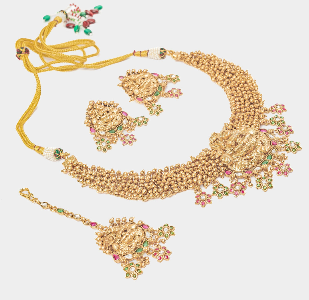 Gold Plated Temple Choker Necklace Set With Maang Tikka