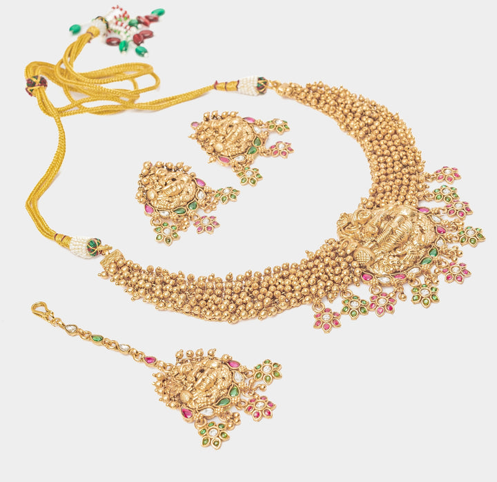 Gold Plated Temple Choker Necklace Set With Maang Tikka