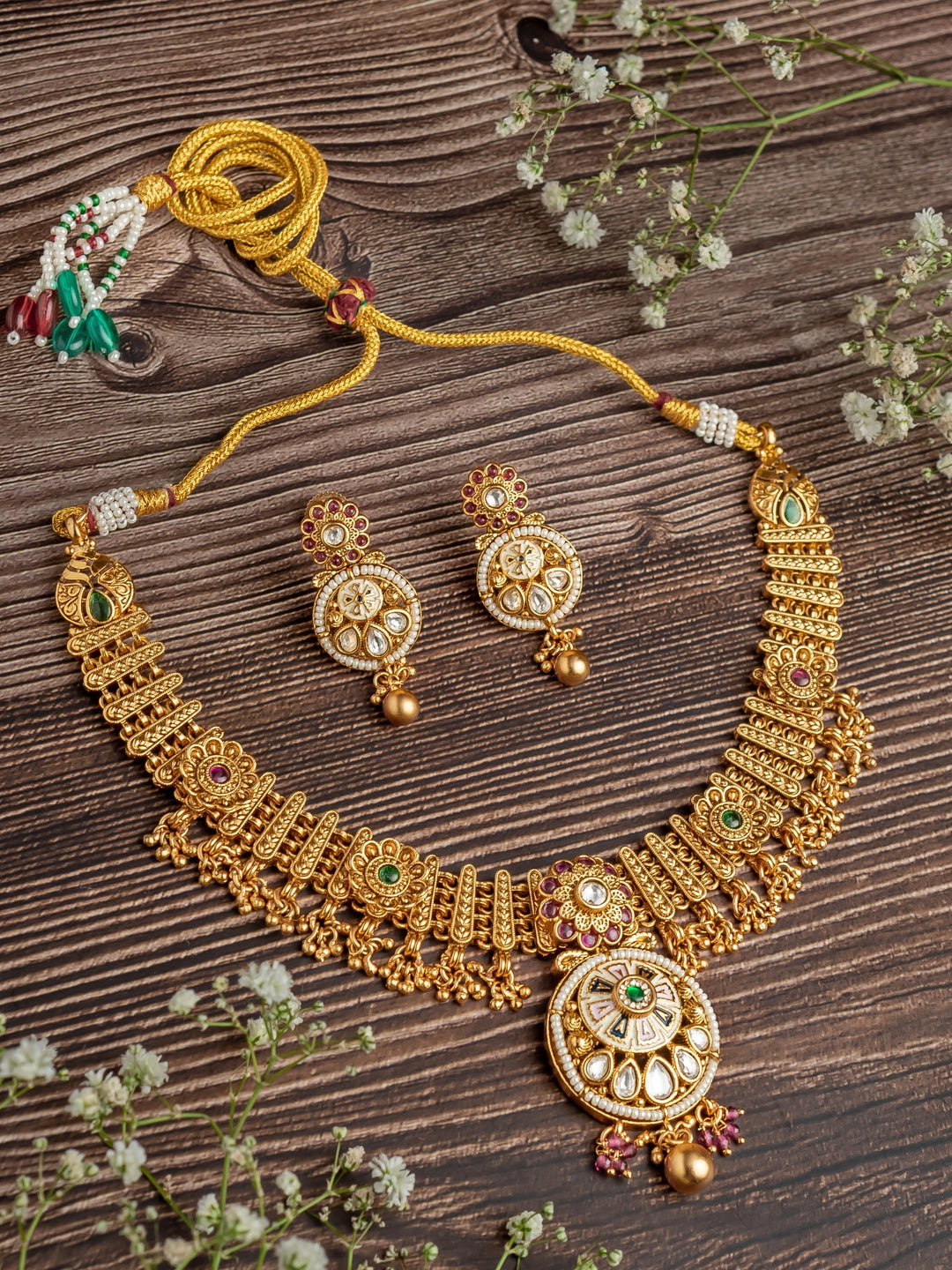 Gold Plated Floral Multi Beaded Short Necklace Set