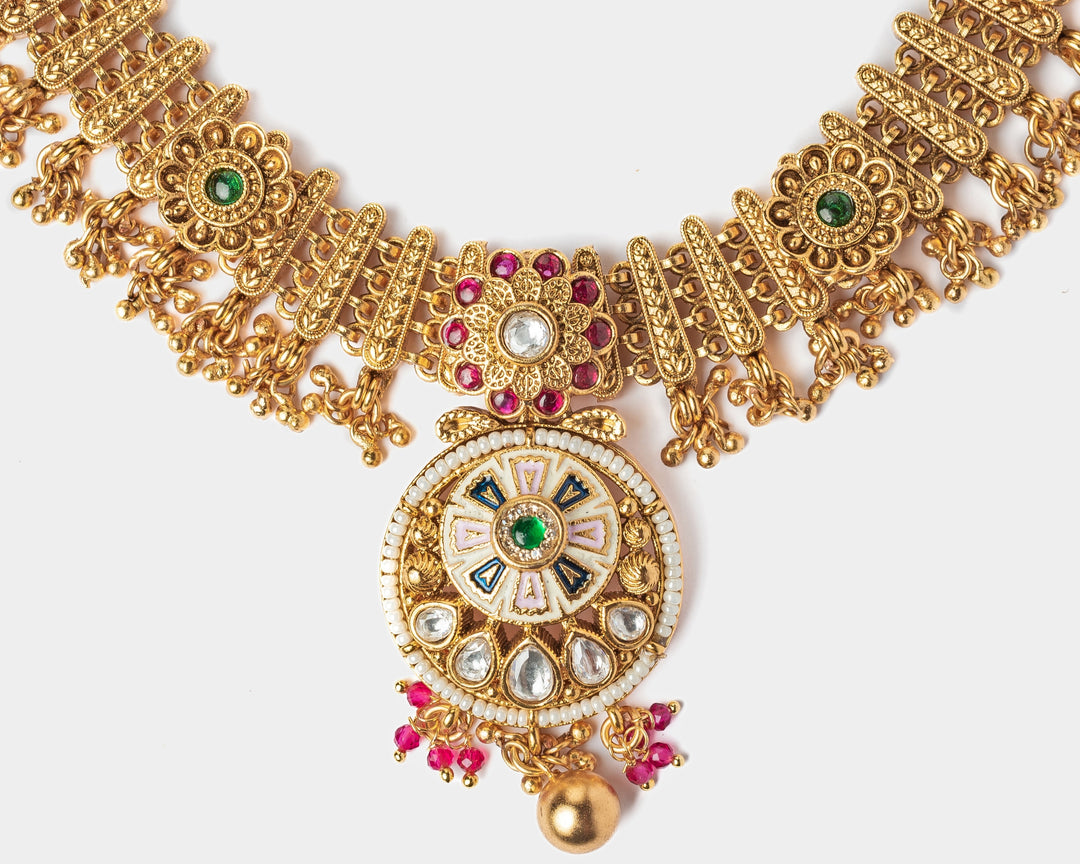 Gold Plated Floral Multi Beaded Short Necklace Set