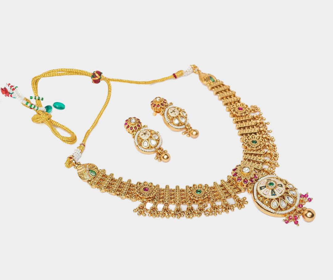 Gold Plated Floral Multi Beaded Short Necklace Set