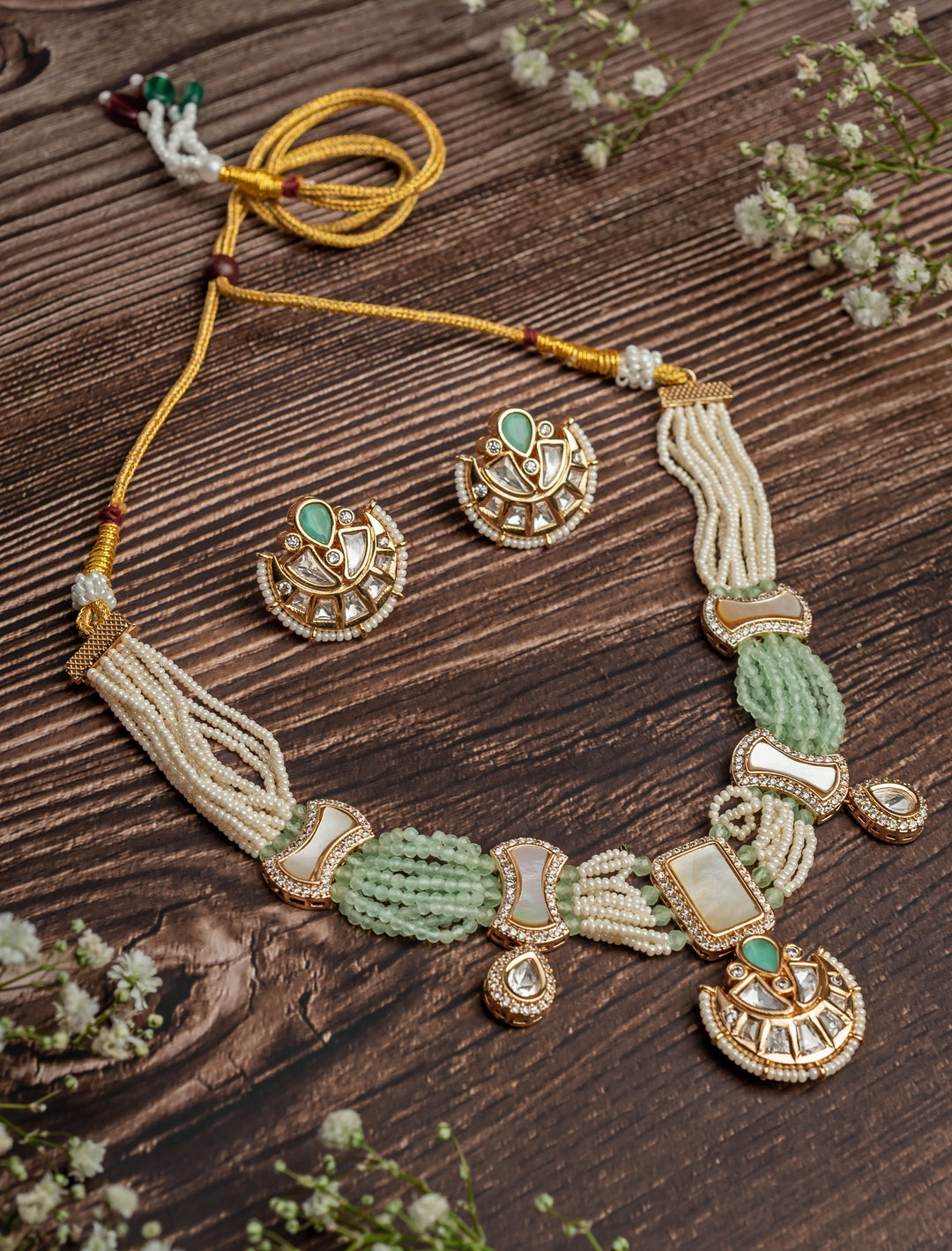 Gold Plated Green And White Choker Necklace Set