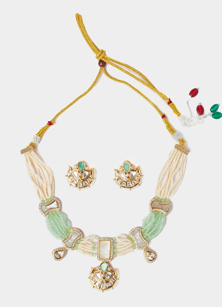 Gold Plated Green And White Choker Necklace Set