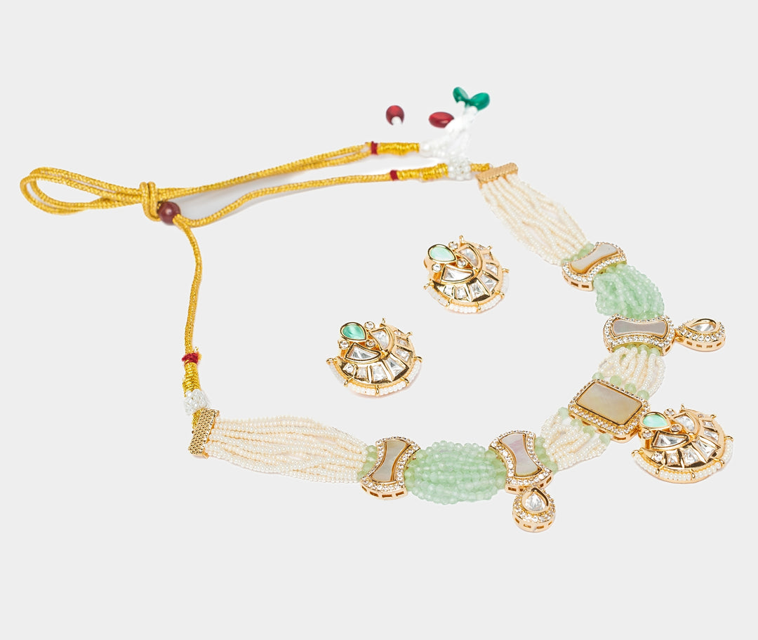 Gold Plated Green And White Choker Necklace Set