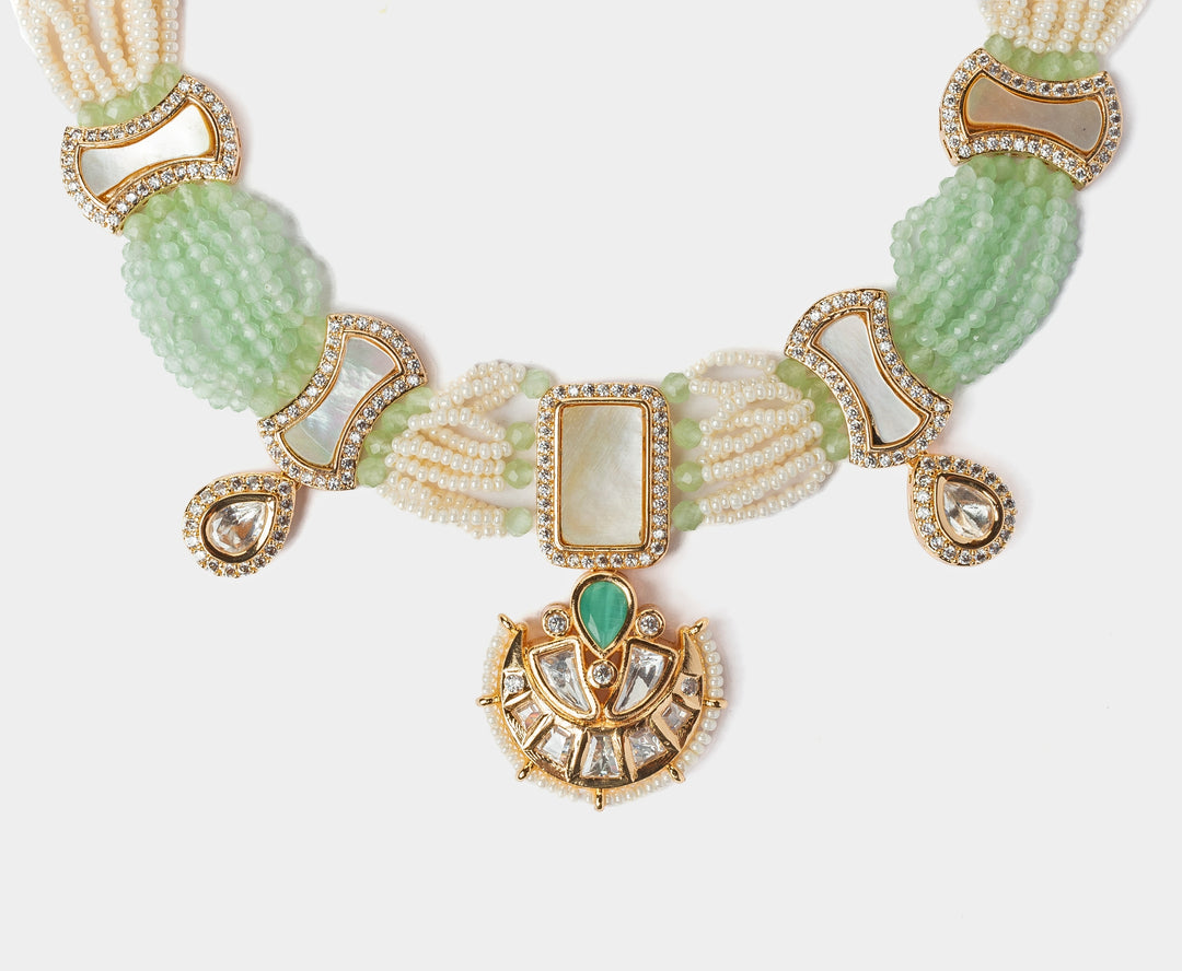 Gold Plated Green And White Choker Necklace Set
