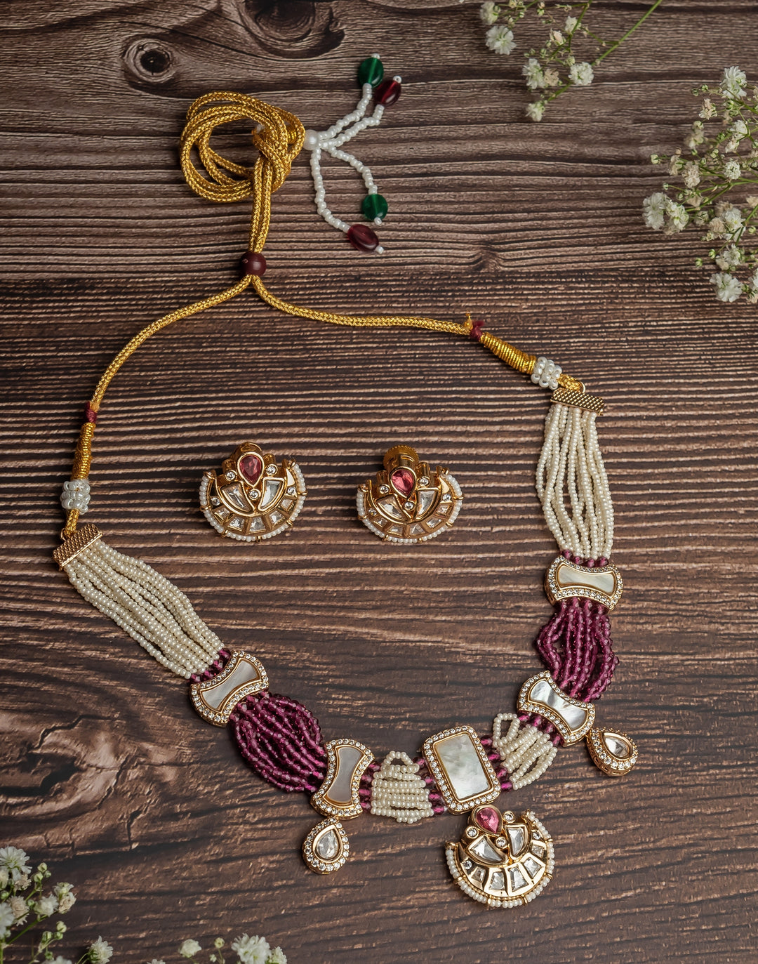 Gold Plated White Polki Beaded Choker Necklace Set