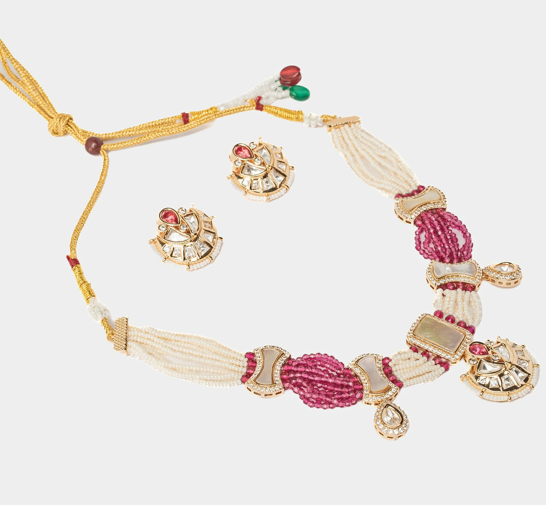 Gold Plated White Polki Beaded Choker Necklace Set