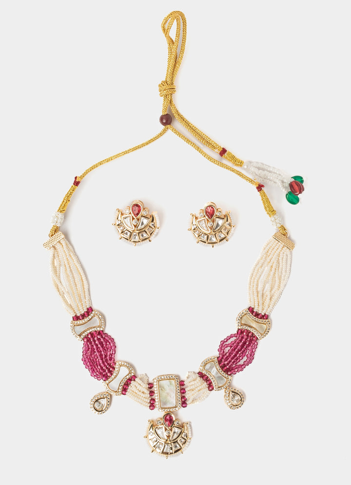 Gold Plated White Polki Beaded Choker Necklace Set
