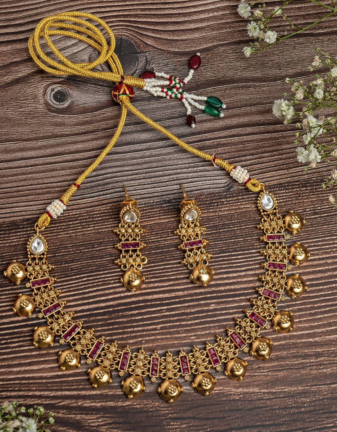 Gold Plated Pink Stone Choker Necklace Set