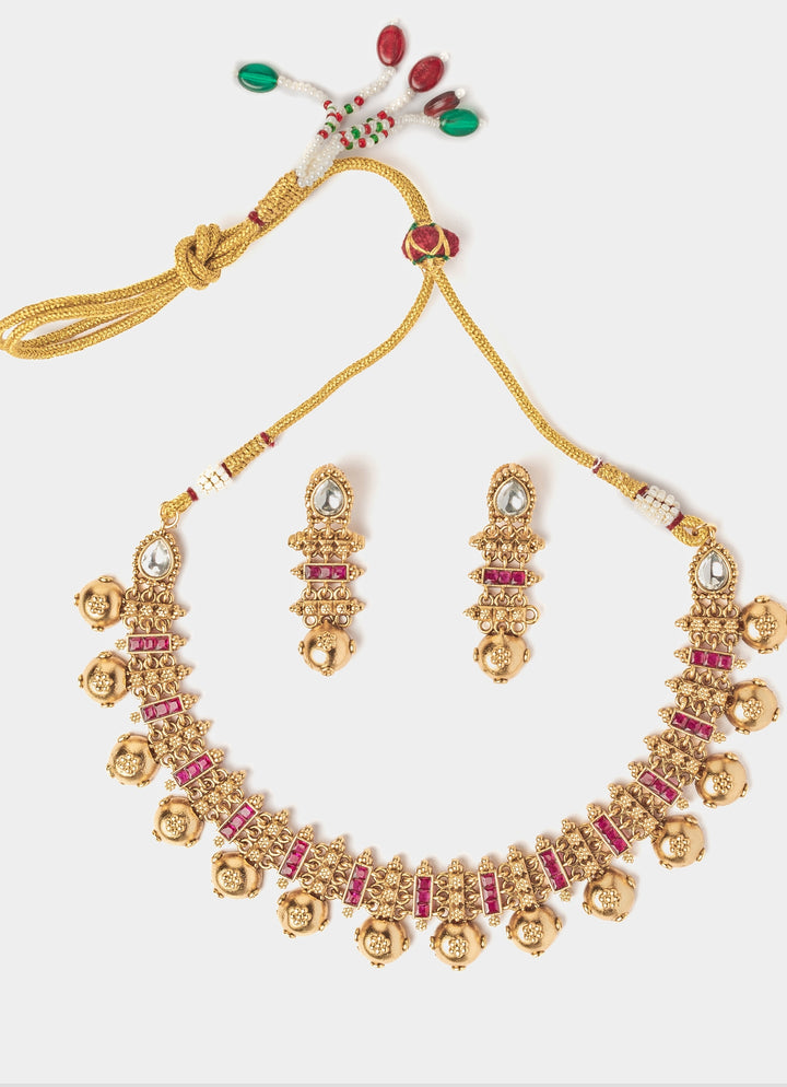 Gold Plated Pink Stone Choker Necklace Set
