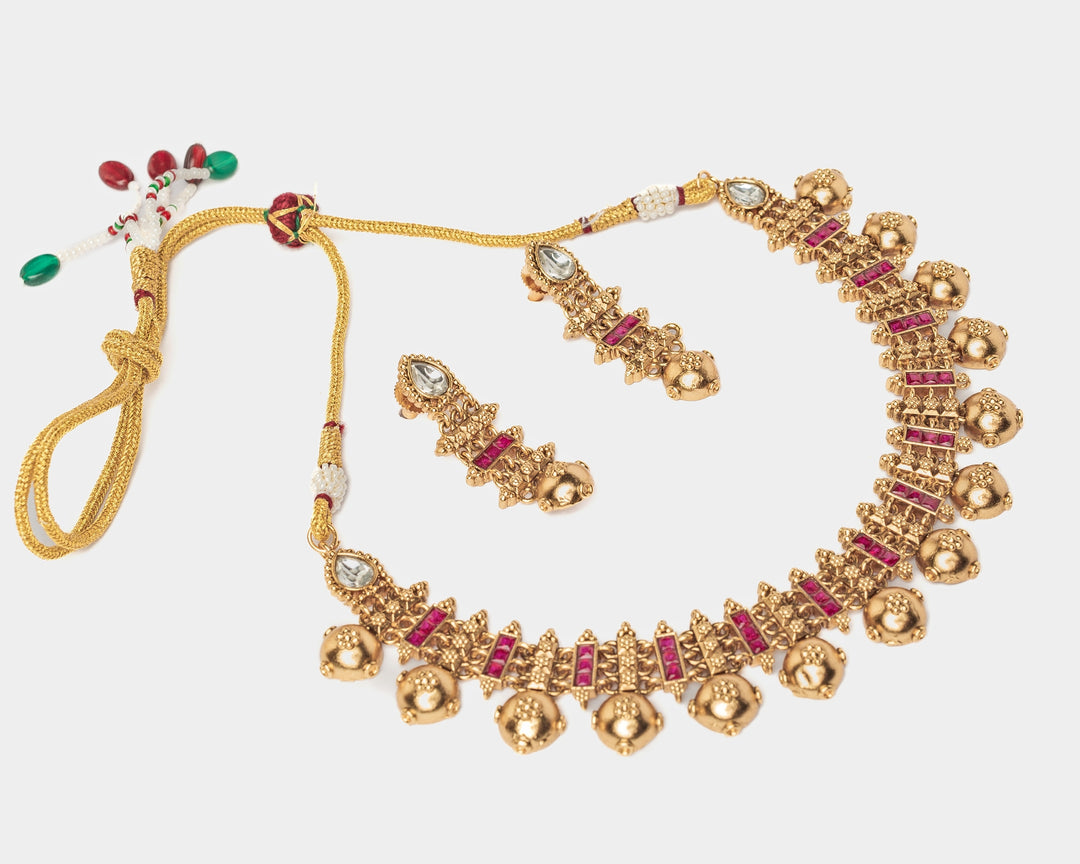 Gold Plated Pink Stone Choker Necklace Set