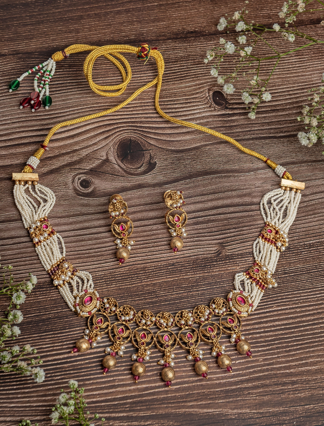 Gold Plated White And Pink Choker Necklace Set