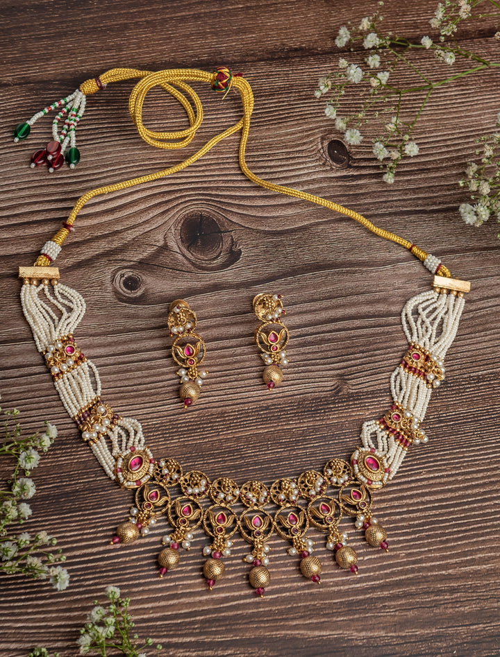 Gold Plated White And Pink Choker Necklace Set