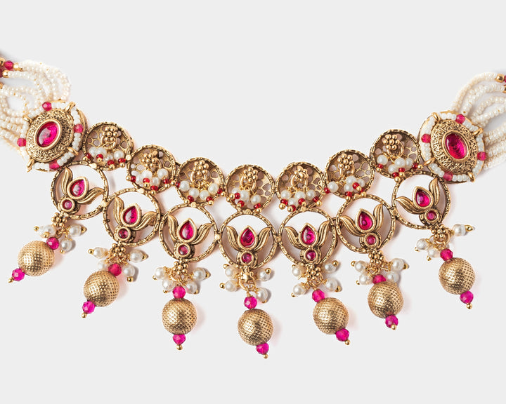 Gold Plated White And Pink Choker Necklace Set